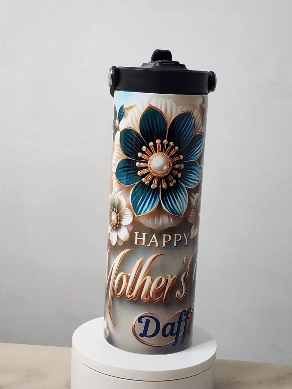 Black-Handled Pink Floral Insulated Water Bottle